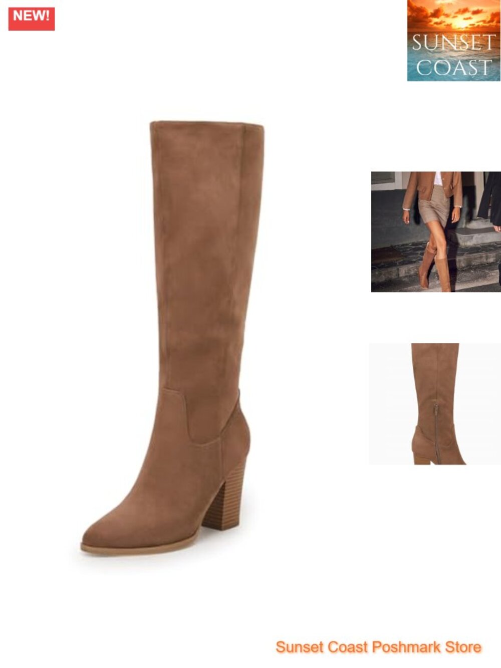 Faux Suede Knee High Boots Pointed Toe Chunky Heel Side Zipper Winter